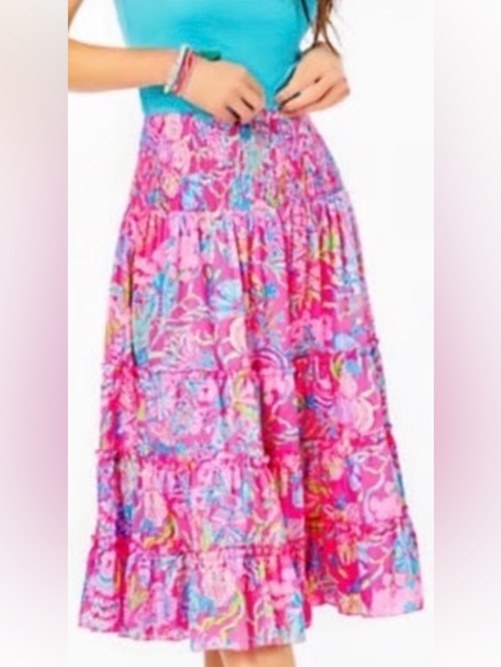 Lilly Pulitzer Deavan Pink Floral Tiered Midi Skirt, Medium